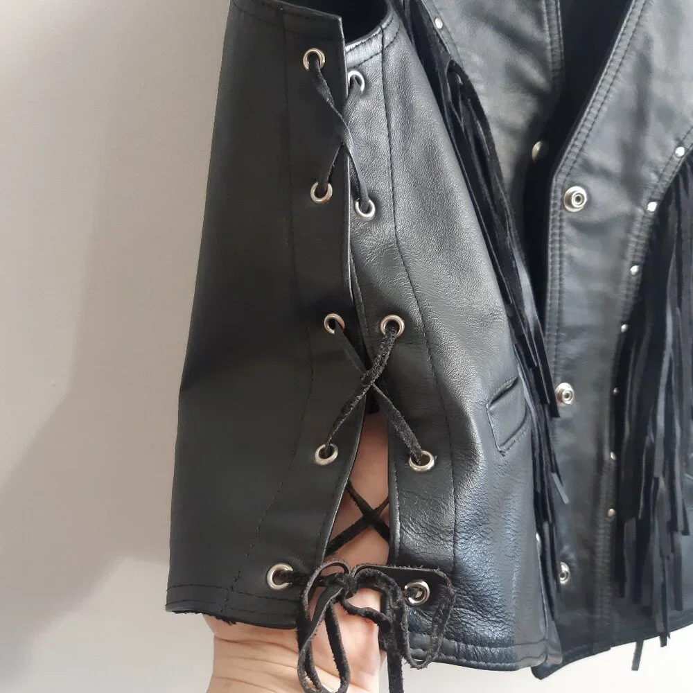 Vintage Genuine Leather Fringe Vest Biker Western Black Lace Up Made in Canada S - Picture 10 of 11